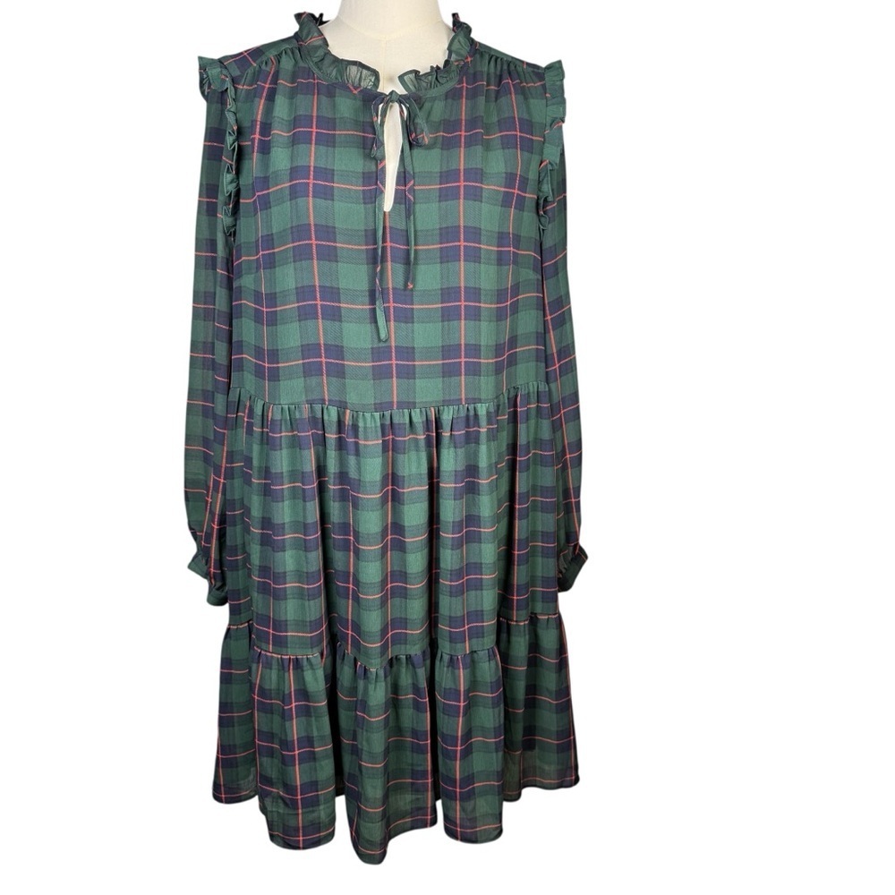 J.Crew Tartan Plaid Tiered Dress XL Green Blue Ruffle Tie Neck Long Sleeve